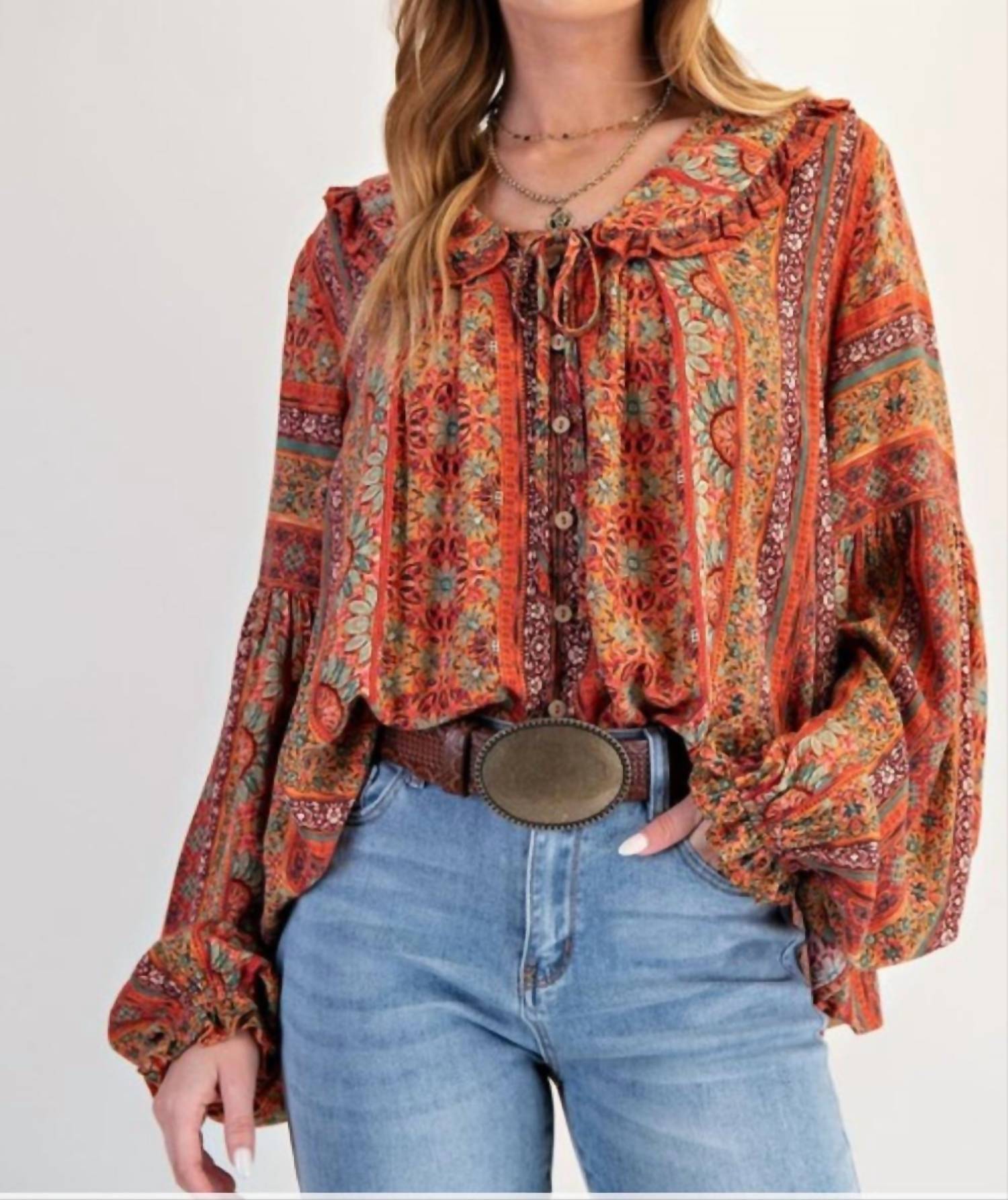 Easel Printed Gauze Button Down Blouse in orange - women's blouse