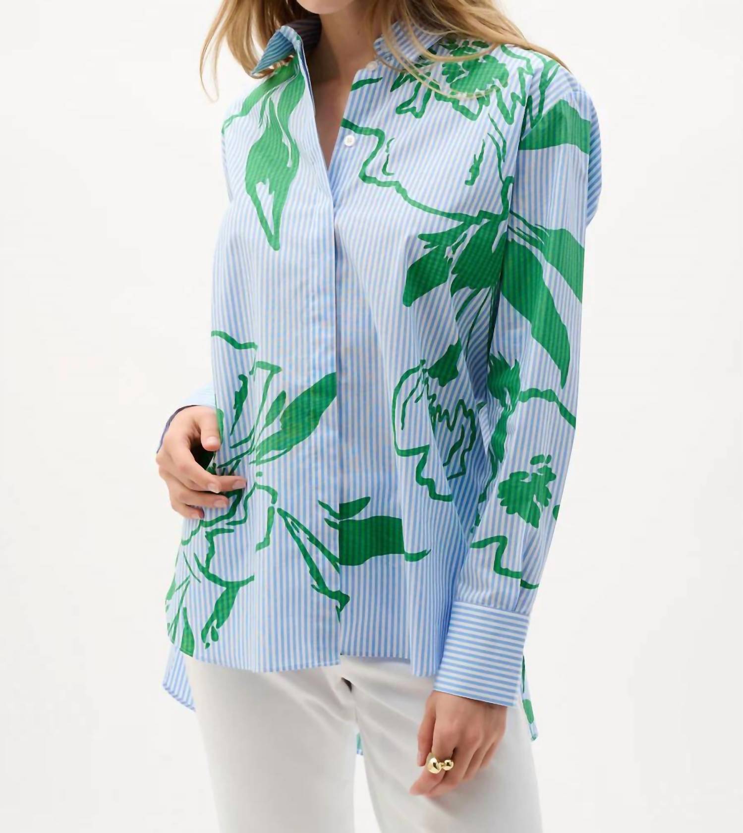 Joseph Ribkoff Cotton Stripe Floral Shirt in blue and green multi - women's blouse - detail view