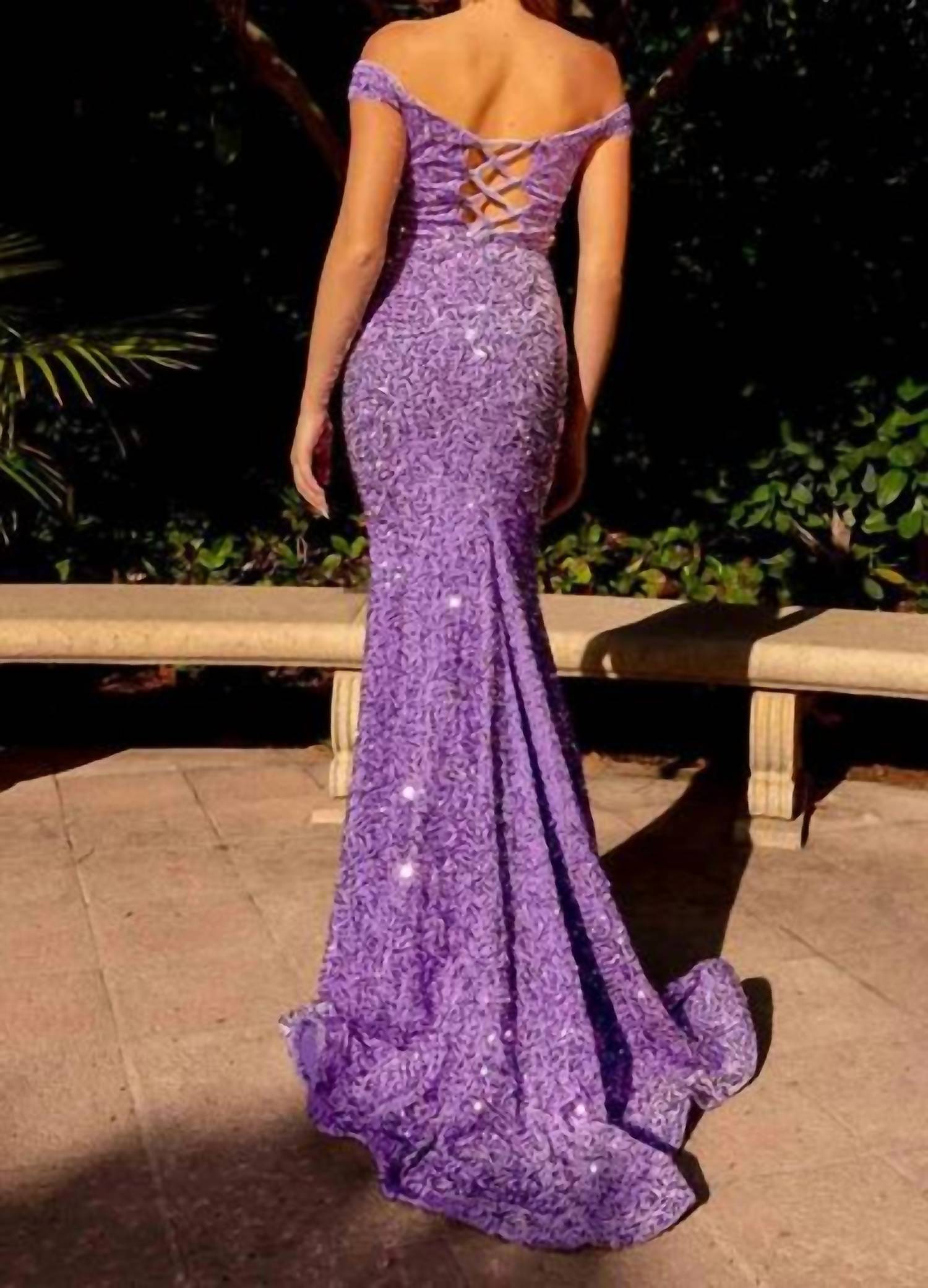 Jessica Angel - Off-shoulder Fitted Lace-up Back Sequin Dress