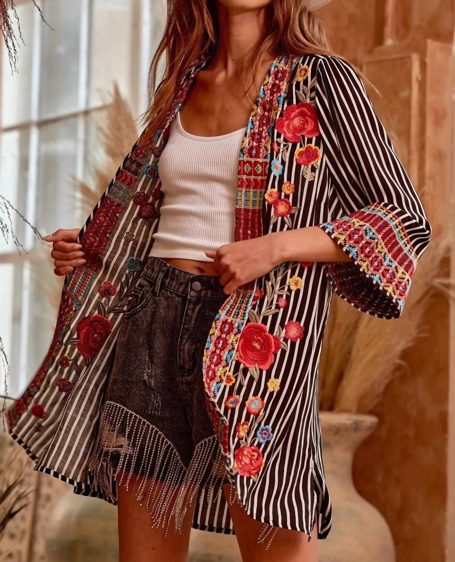 Andree By Unit - Embroidered Striped Cardigan