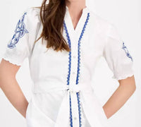 T Tahari - Short Sleeve Belted Embroidered Fit & Flare Dress