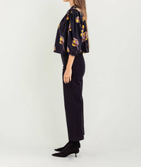 Bel Kazan Tabitha Cropped Blouse in black aralia floral - women's blouse - view 4