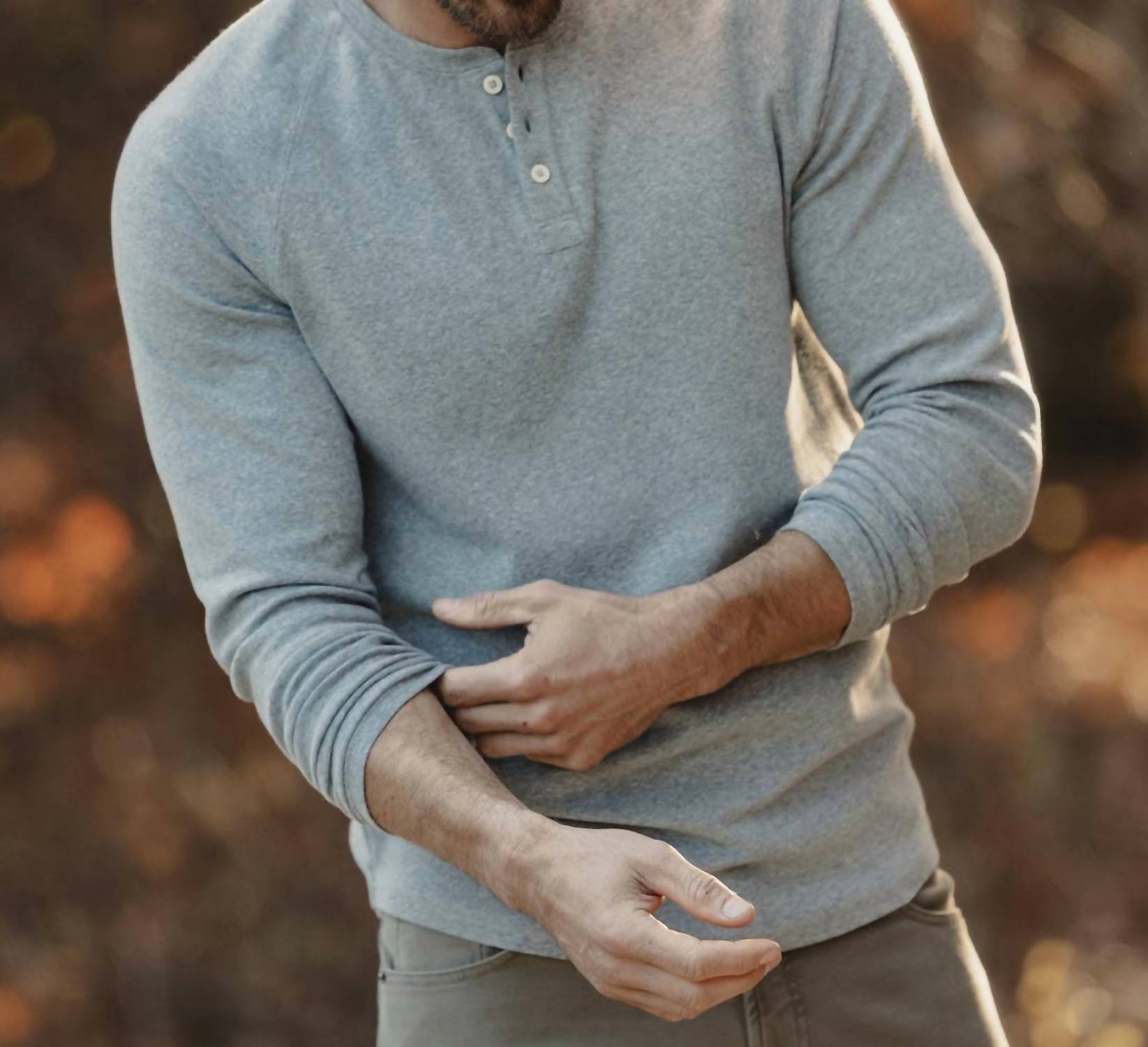 The Normal Brand Puremeso Everyday Henley Tee in athletic grey - men's long sleeve top