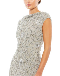 Mac Duggal - Cowl Neckline Embellished Sequin Floral Dress
