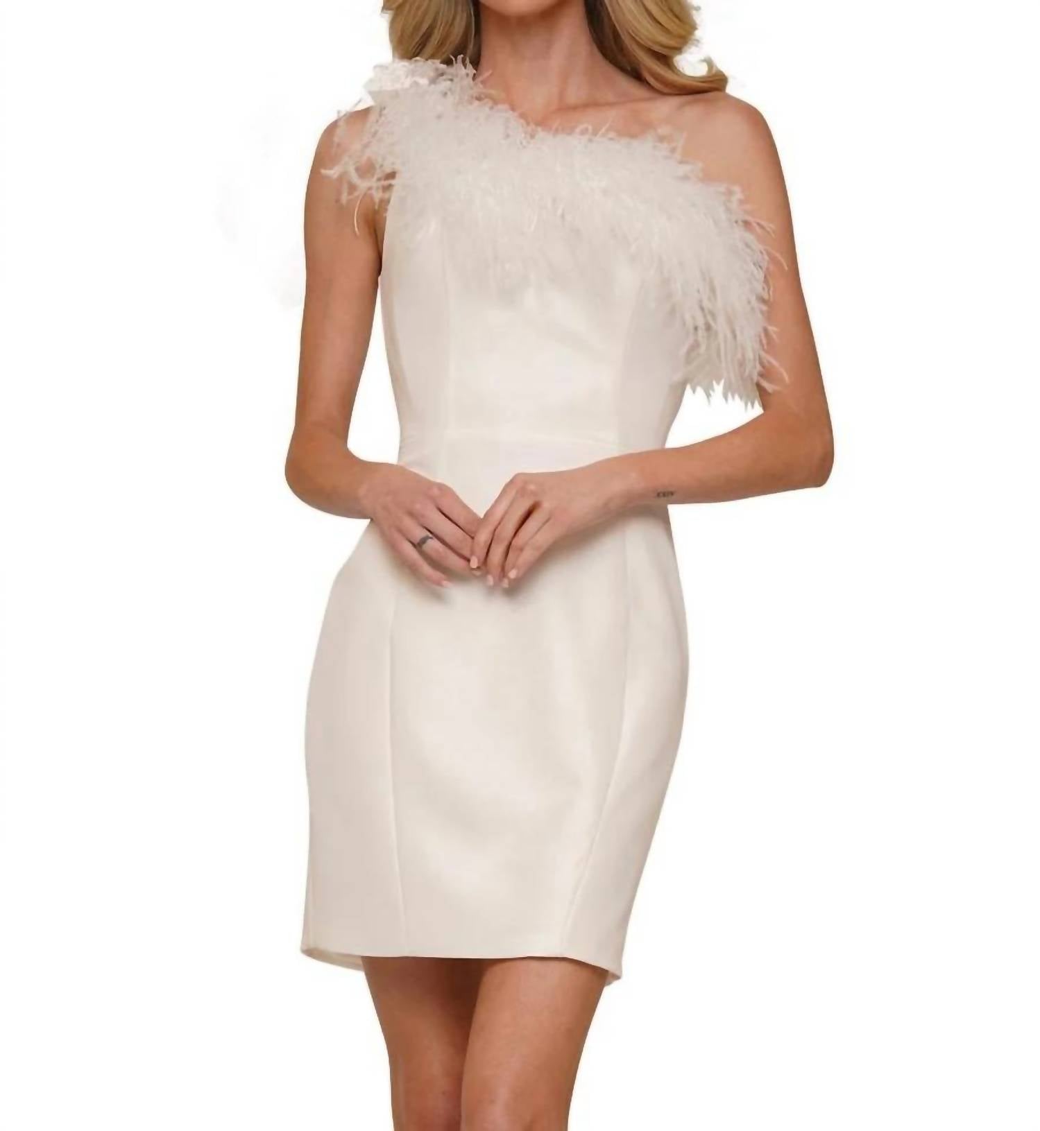 Colors Dress - Feather Trimmed One Shoulder Fitted Dress