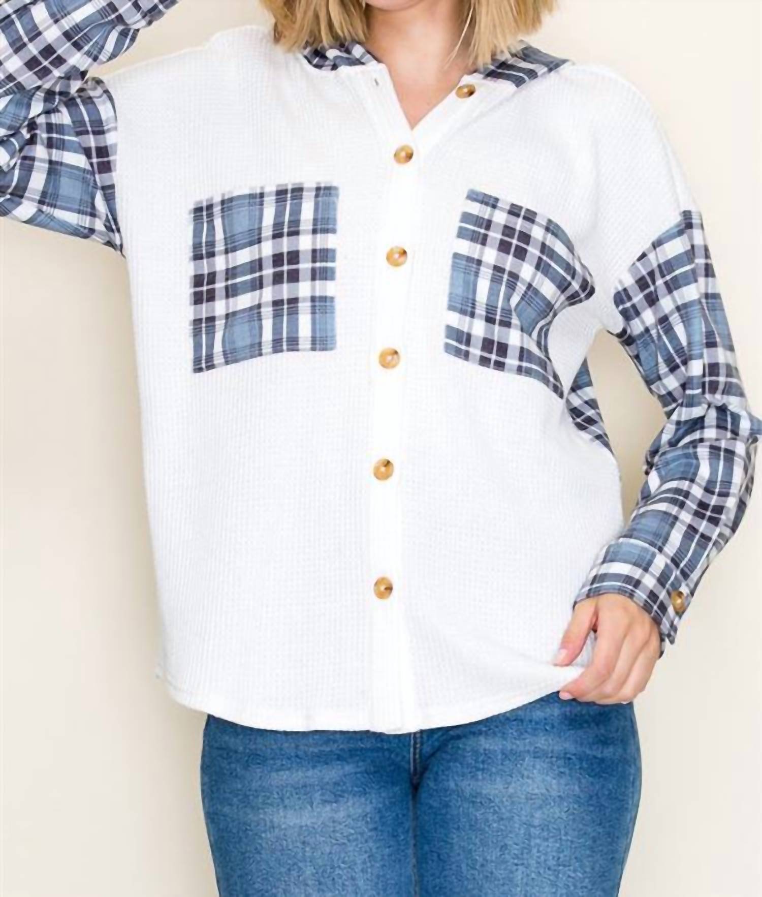 Staccato - Waffle Knit Plaid Contrasted Button Up Hooded Top