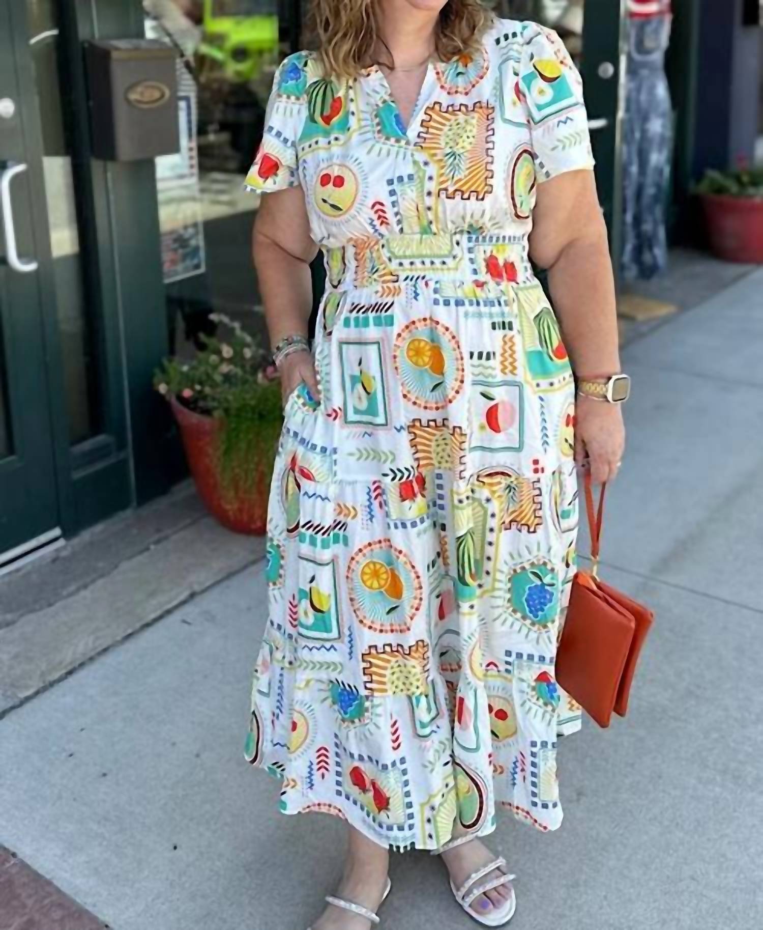 Easel - Women's Genevieve Fruit Printed Poplin Midi Dress