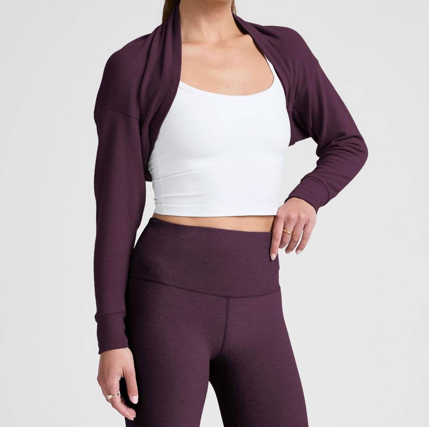 BEYOND YOGA Duet 2-way Convertible Shrug in eggplant purple - women's sweater - detail view