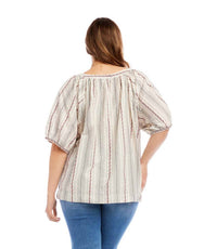 Karen Kane - Stripe Puff Sleeve Embroidered Peasant Top - Plus