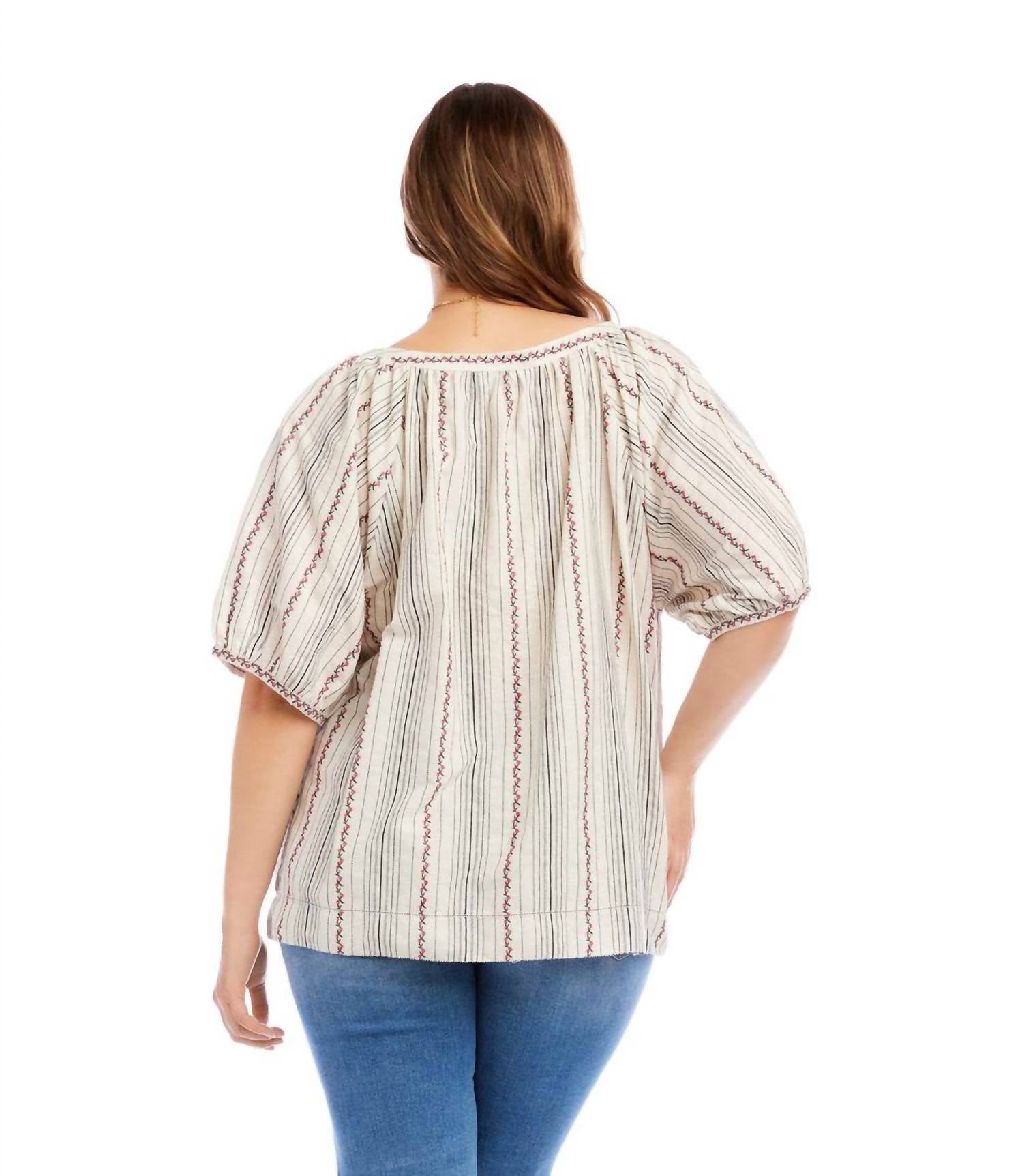 Karen Kane - Stripe Puff Sleeve Embroidered Peasant Top - Plus