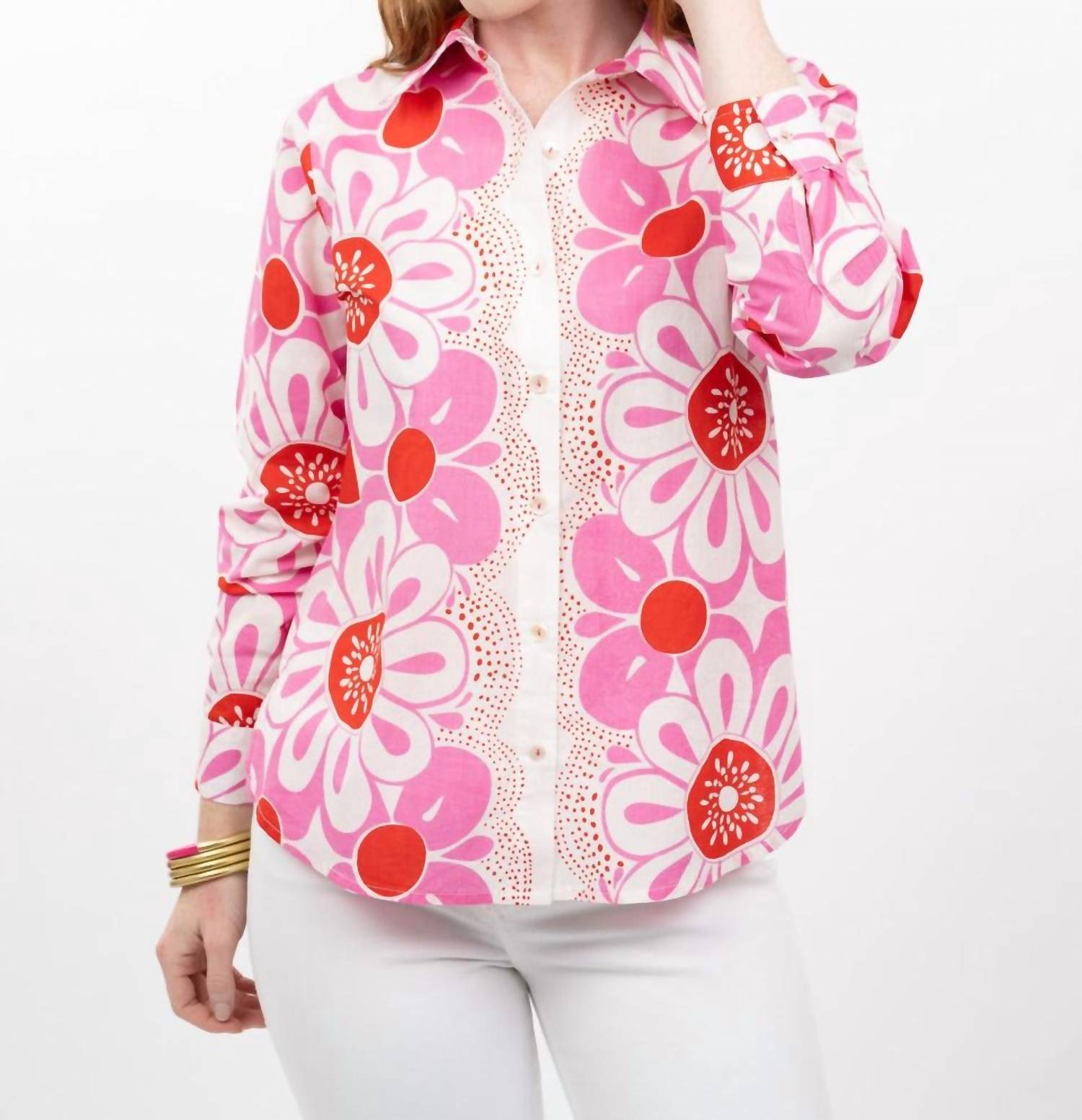 Ivy Jane Pop Flower Border Top in pink - women's blouse - detail view