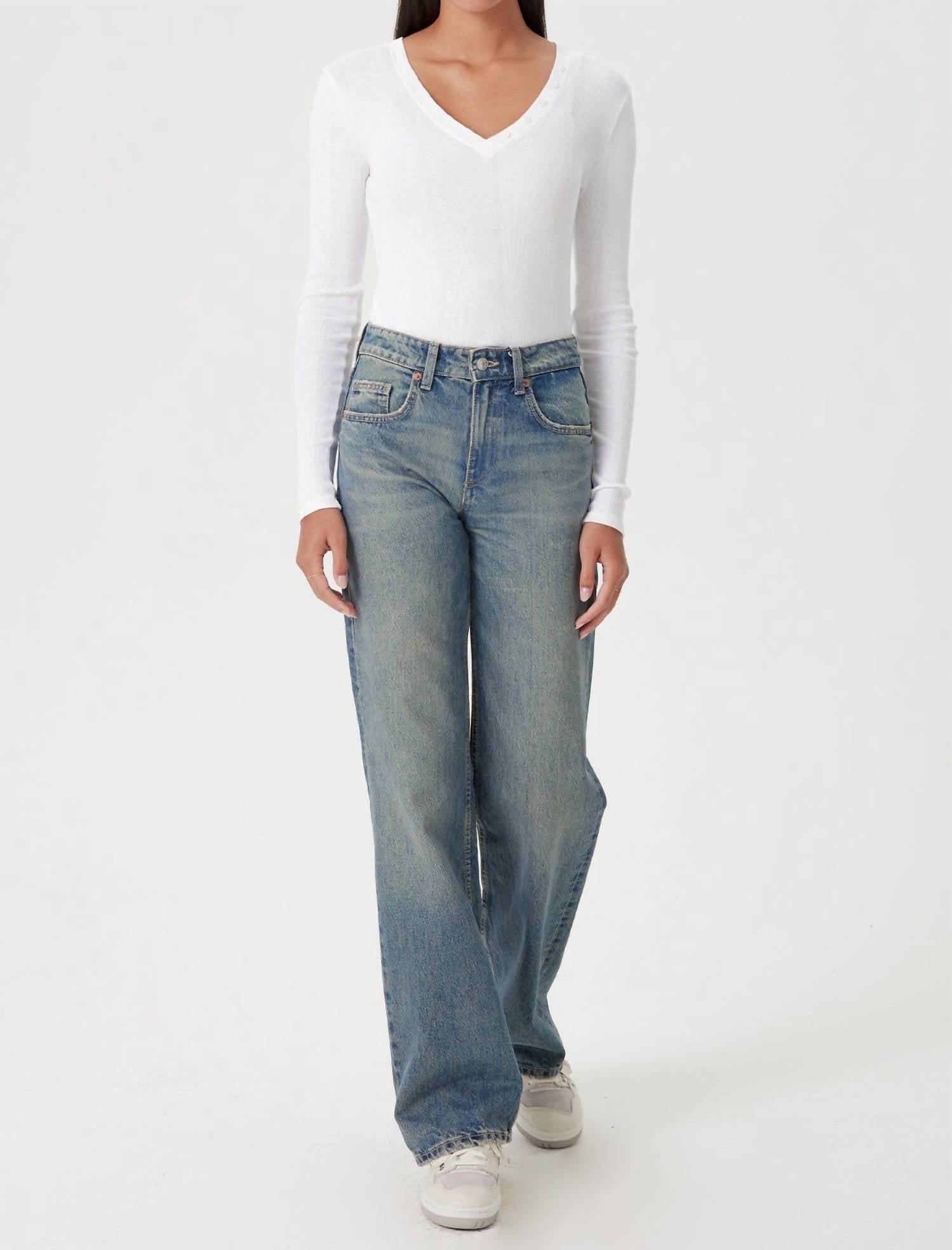 GOLDIE Valerie Long Sleeve V Neck Top in white - women's long sleeve top