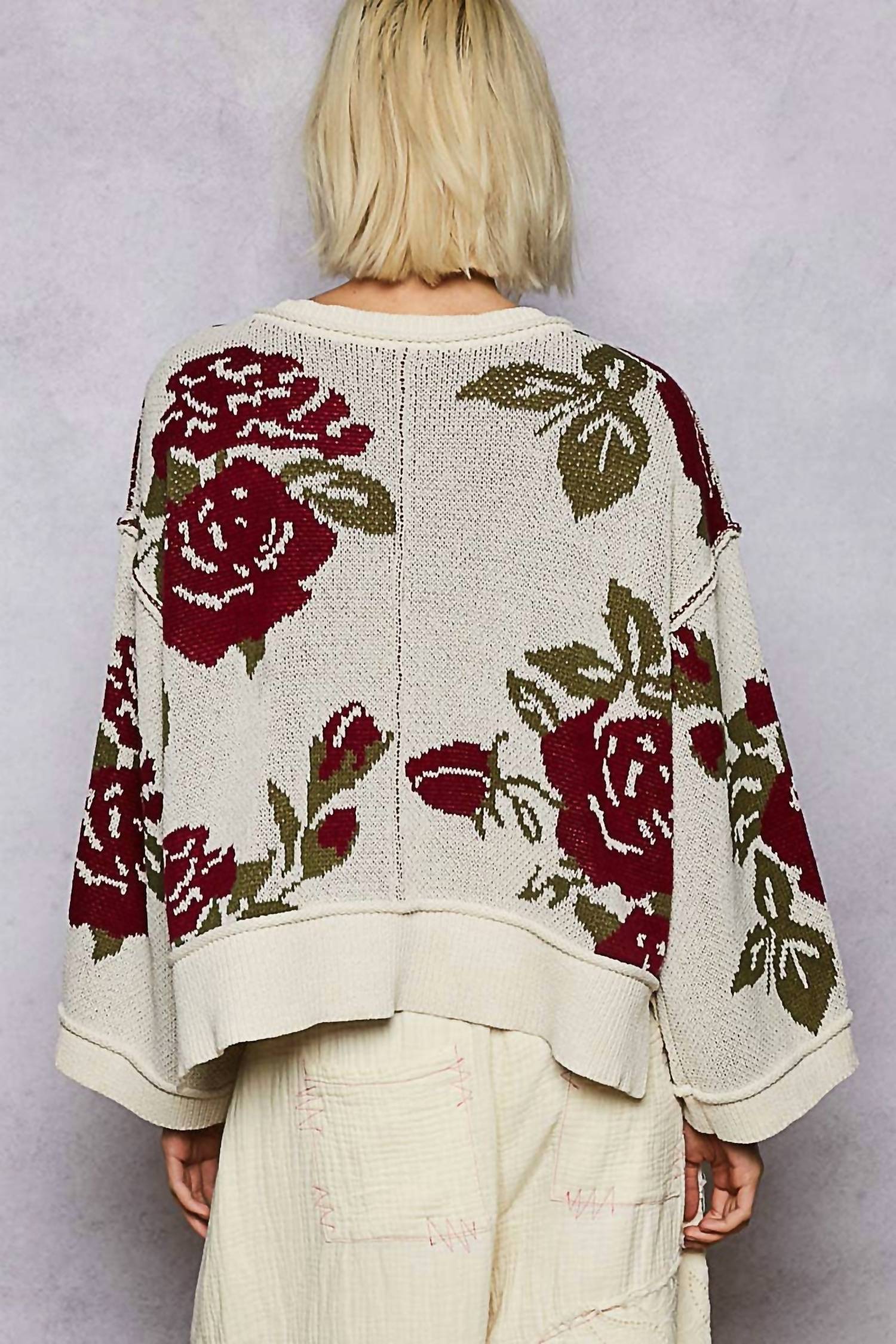 Pol - Long Sleeve Contrast Floral Sweater Top