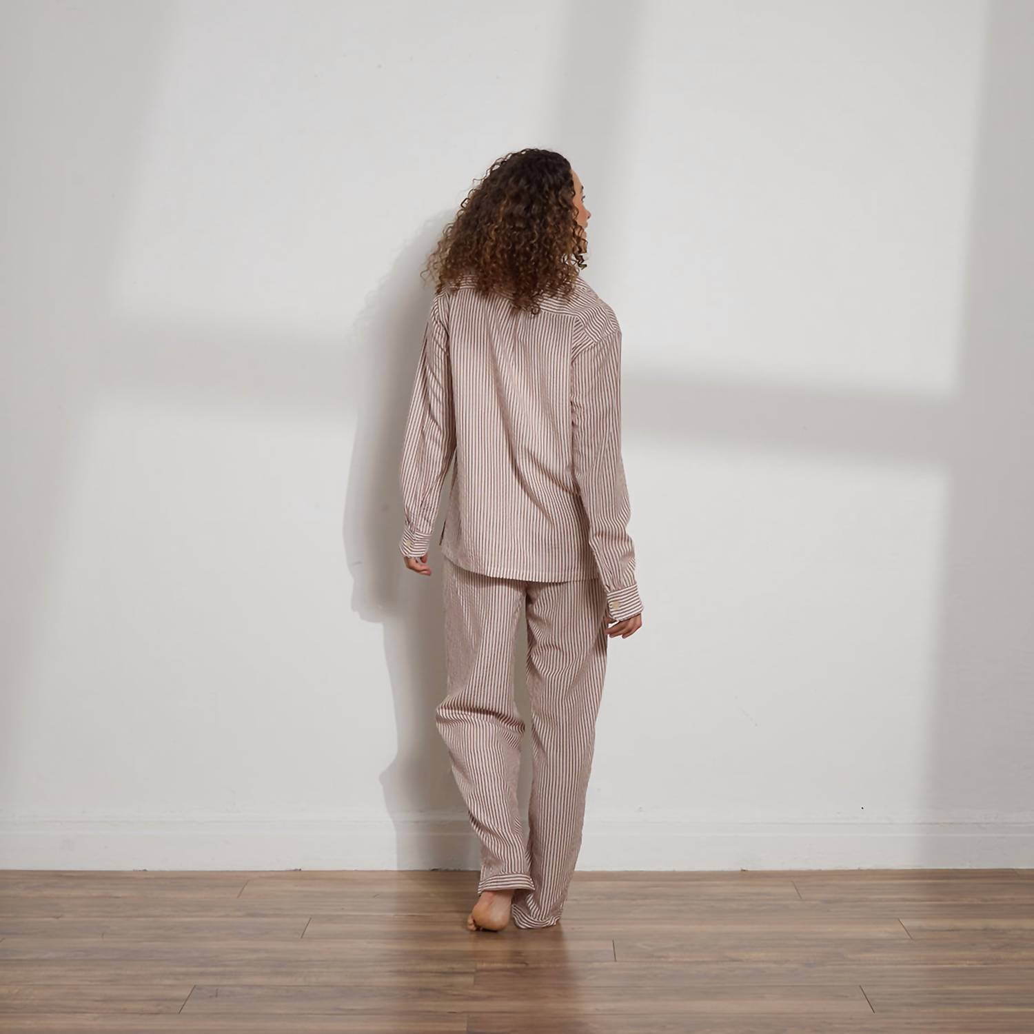 The Sleep Code Women's Ticking Stripe Long Pj Set in brown white - women's item - detail view
