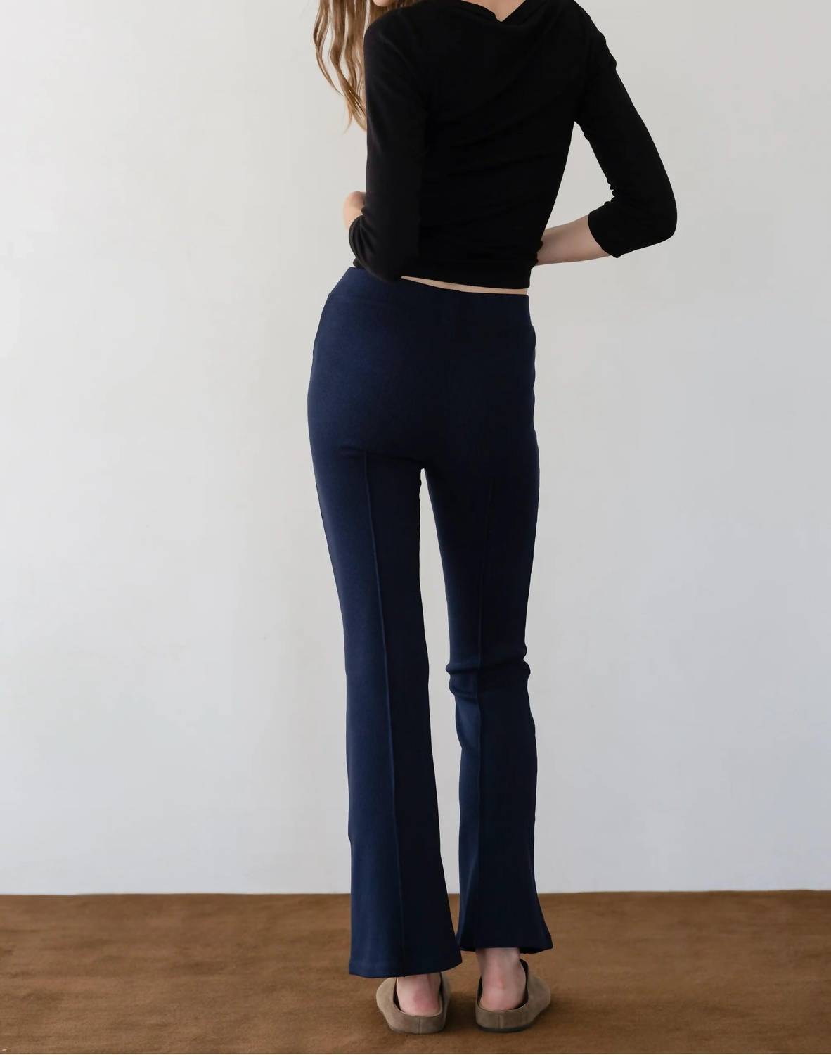 DONNI. Rib Kick Flare Pants in navy 1 - women's pants - alternate view