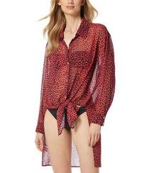 MICHAEL KORS Animal Print Sheer Cover Up Shirt in red - women's swimwear - alternate view