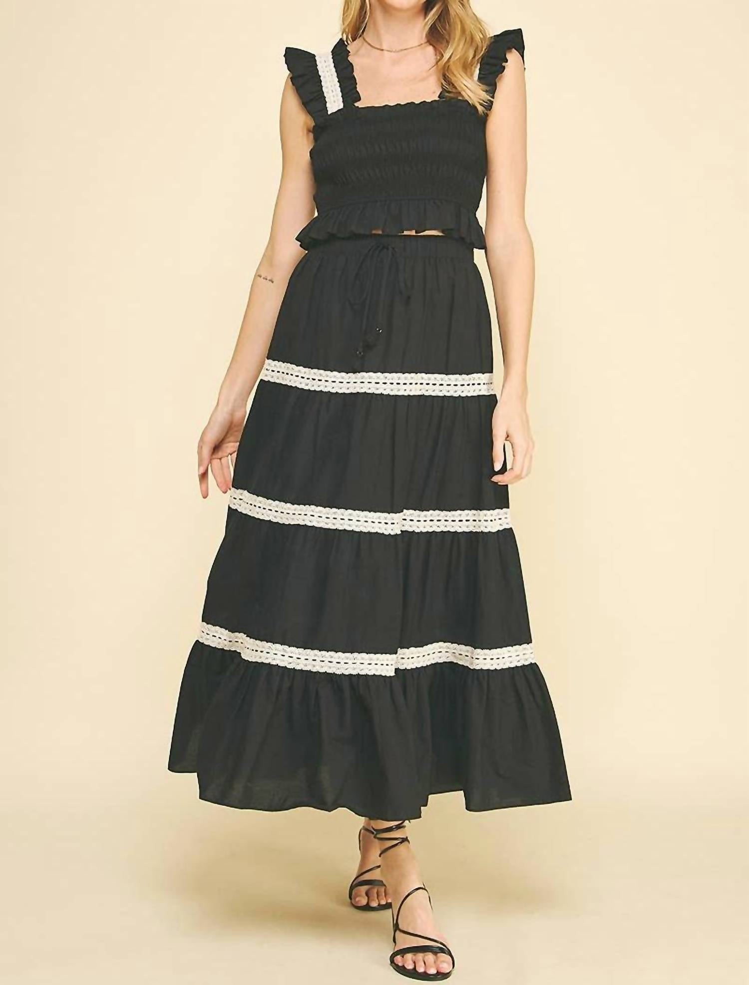 PINCH Embroidered Tiered Maxi Skirt in black - women's skirt - view 6