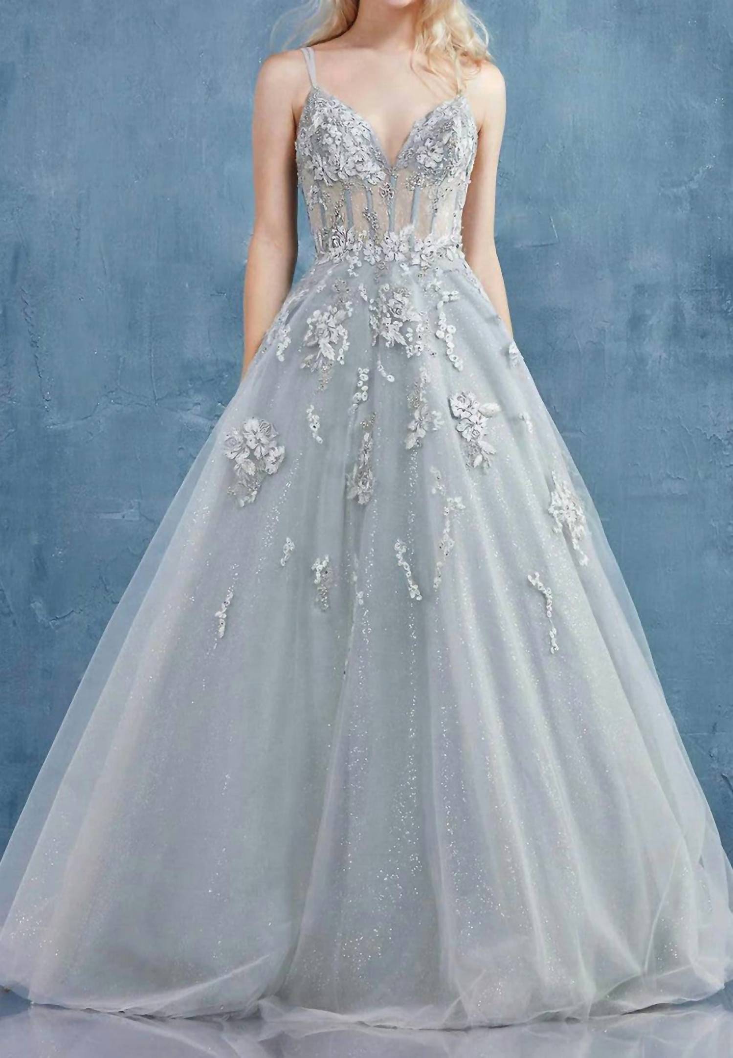 Andrea & Leo Couture Floral Embroidery Ball Gown in sage - women's dress