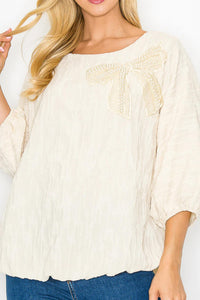 Joh - Woven Top With Pearl Ribbon Bow