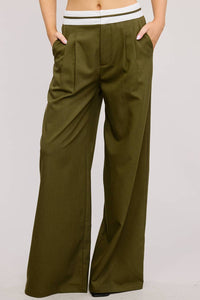 Mimosa Contrast Waist Detail Woven Trouser Pant in olive - women's pants - detail view