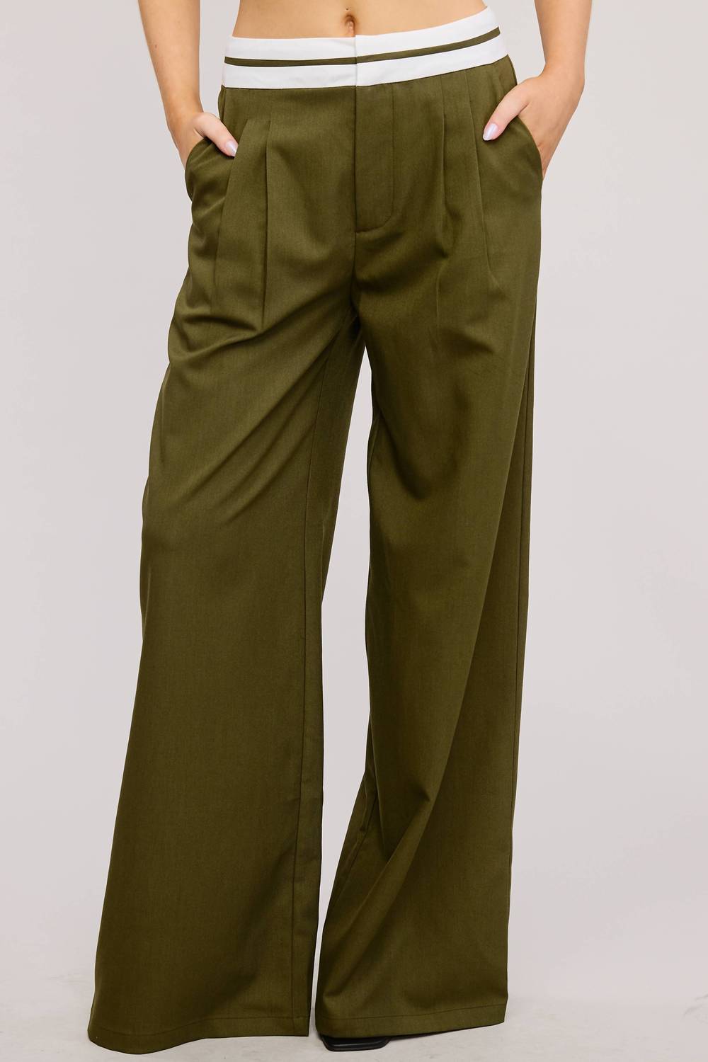 Mimosa Contrast Waist Detail Woven Trouser Pant in olive - women's pants - detail view