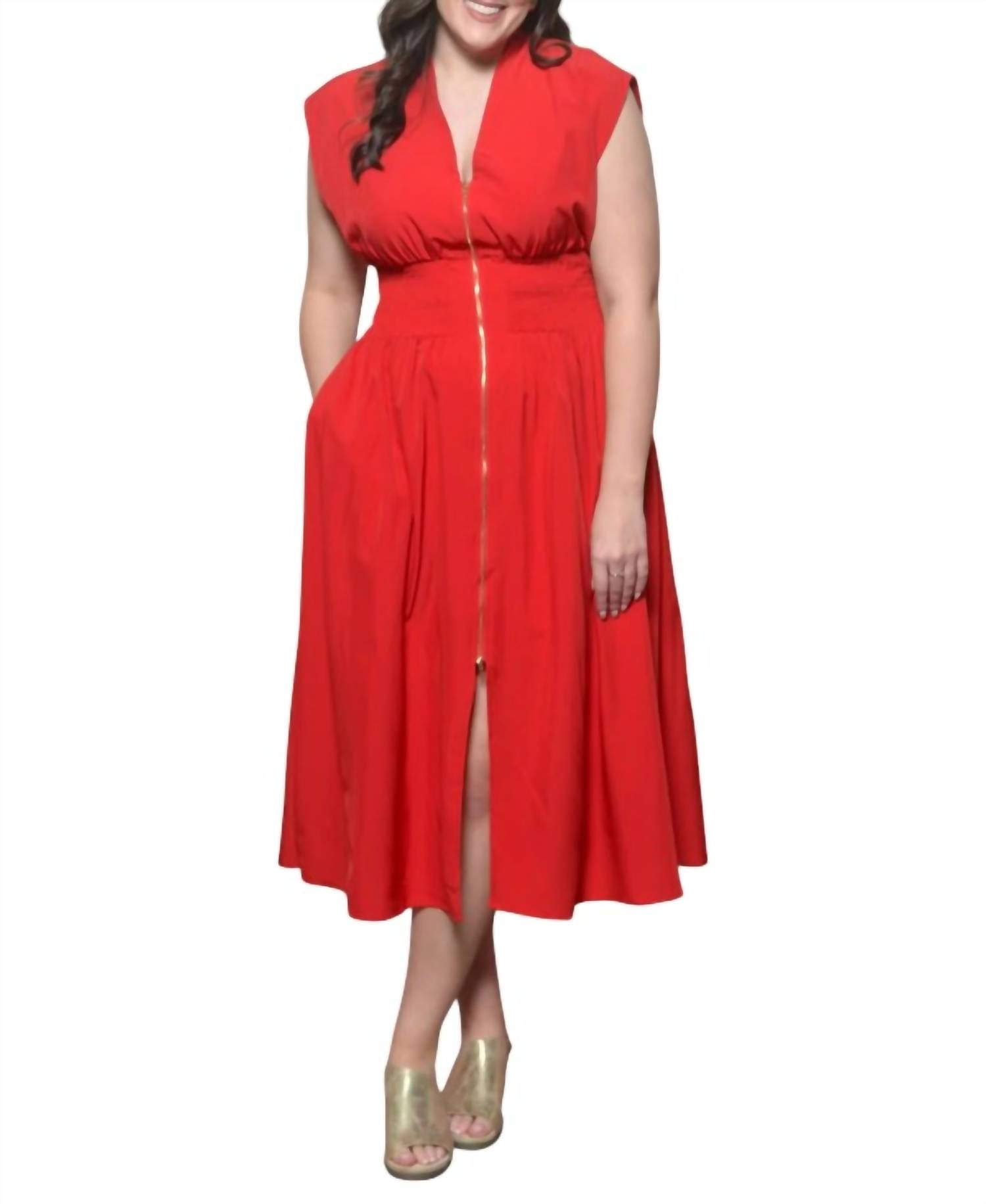 She + Sky - Short Sleeve Smocked Waist Front Zip Midi Dress