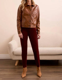 Tribal - Faux Leather Button-front Collar-accent Jacket