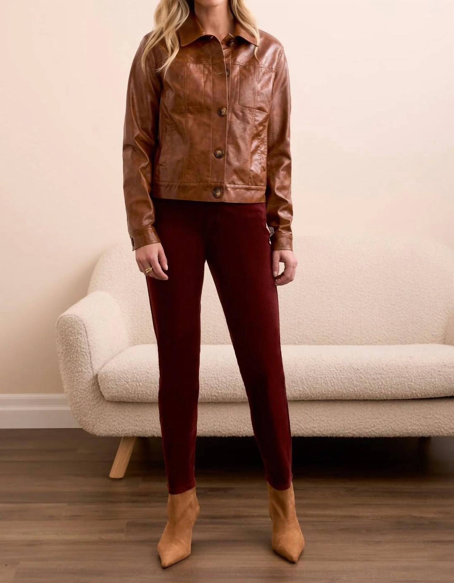 Tribal - Faux Leather Button-front Collar-accent Jacket