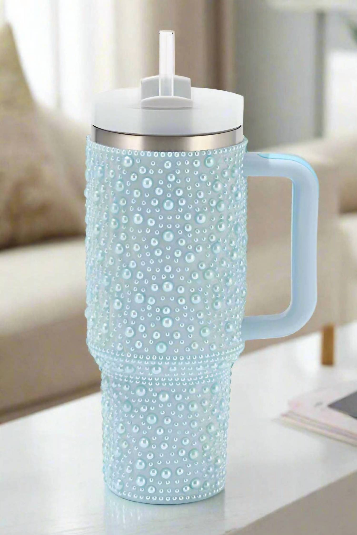 Nash Grey - Women's Pearl Studded Stainless Steel Tumbler With Handle - 40 Oz.