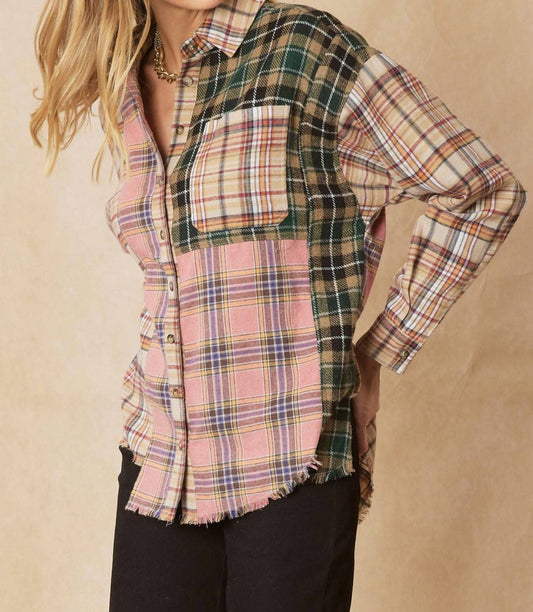 Entro - Color Block Plaid Flannel Top