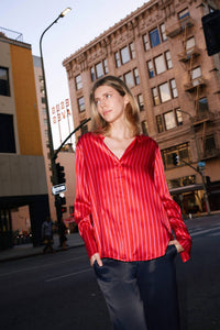 catherine gee Daria French Cuff Silk Blouse in red pink stripe - women's blouse