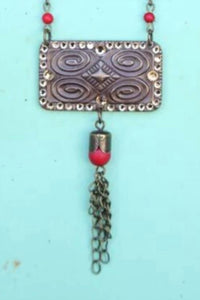 Pink Panache Women's Bead Chain Necklace Linked With Aztec Stamped Pendant in red - women's jewelry - detail view