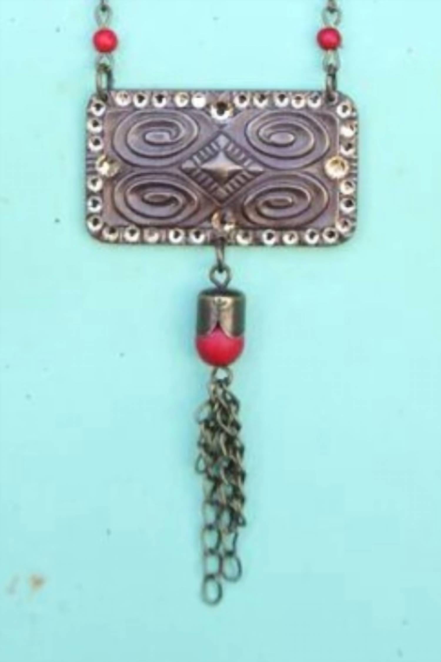 Pink Panache Women's Bead Chain Necklace Linked With Aztec Stamped Pendant in red - women's jewelry - detail view