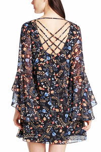 Kensie - Unlined Chiffon Sleeve High Low Cuff Ruffle Detail V-Neck Shift Dress