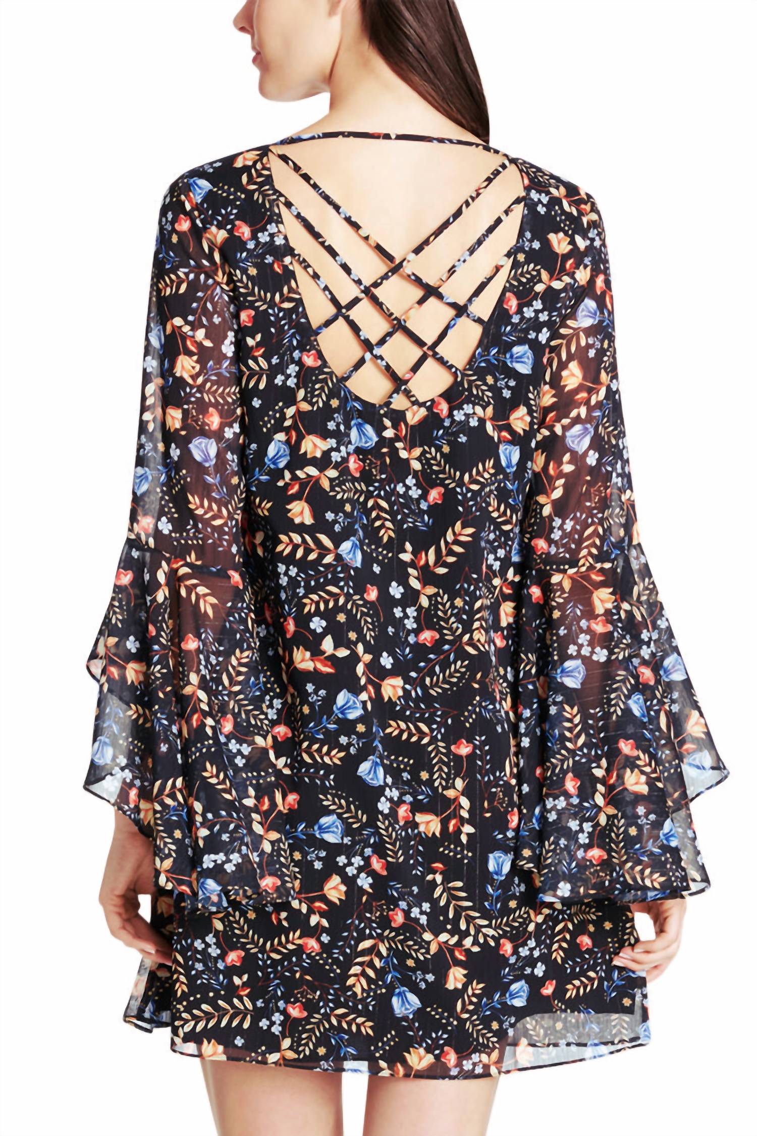 Kensie - Unlined Chiffon Sleeve High Low Cuff Ruffle Detail V-Neck Shift Dress