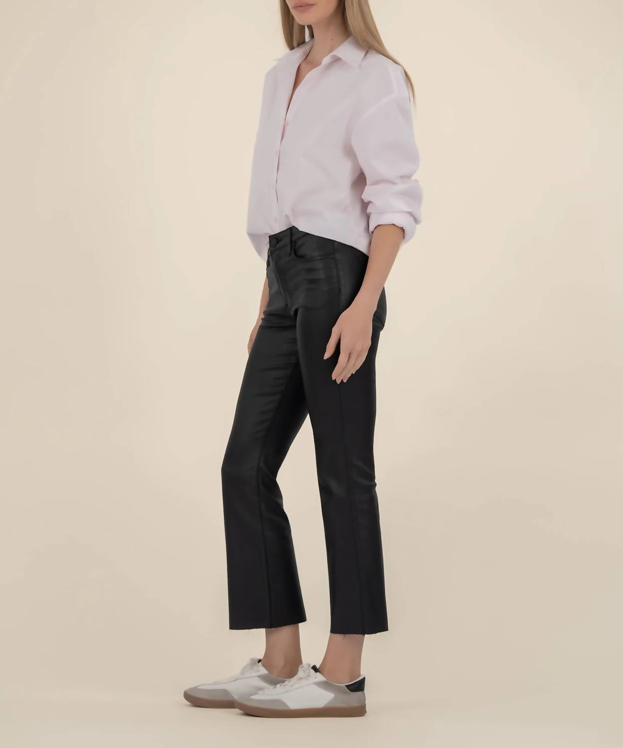KUT FROM THE KLOTH Kelsey Coated Ankle Flare Pants With Raw Hem in black - women's pants - alternate view