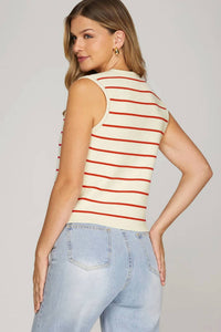 She + Sky - Sleeveless Button Striped Knit Sweater Vest