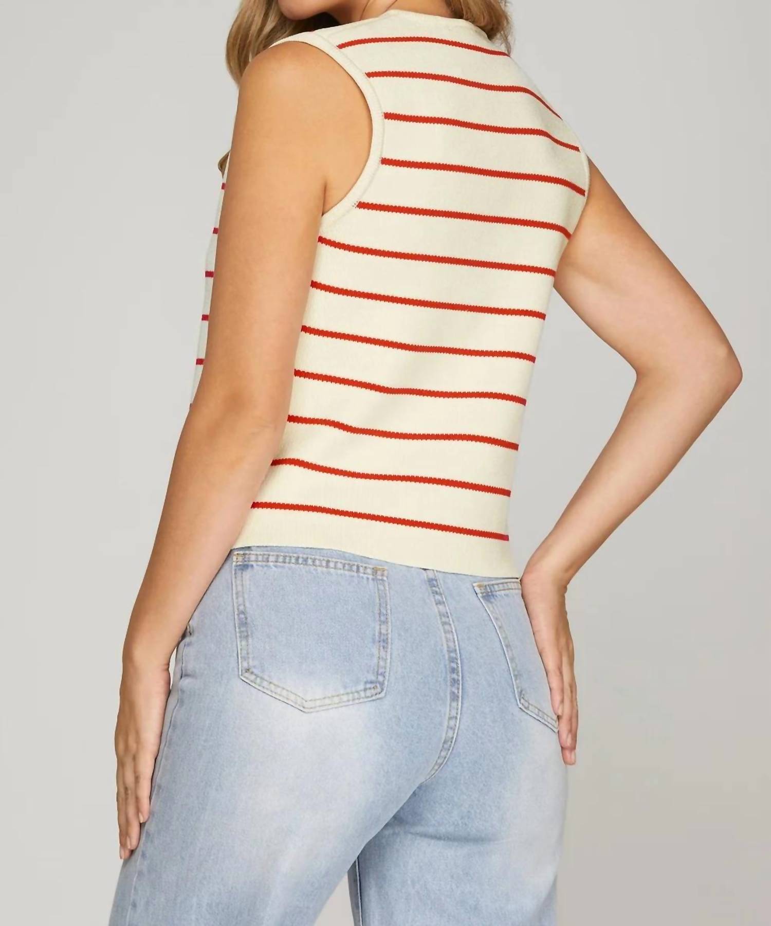She + Sky - Sleeveless Button Striped Knit Sweater Vest