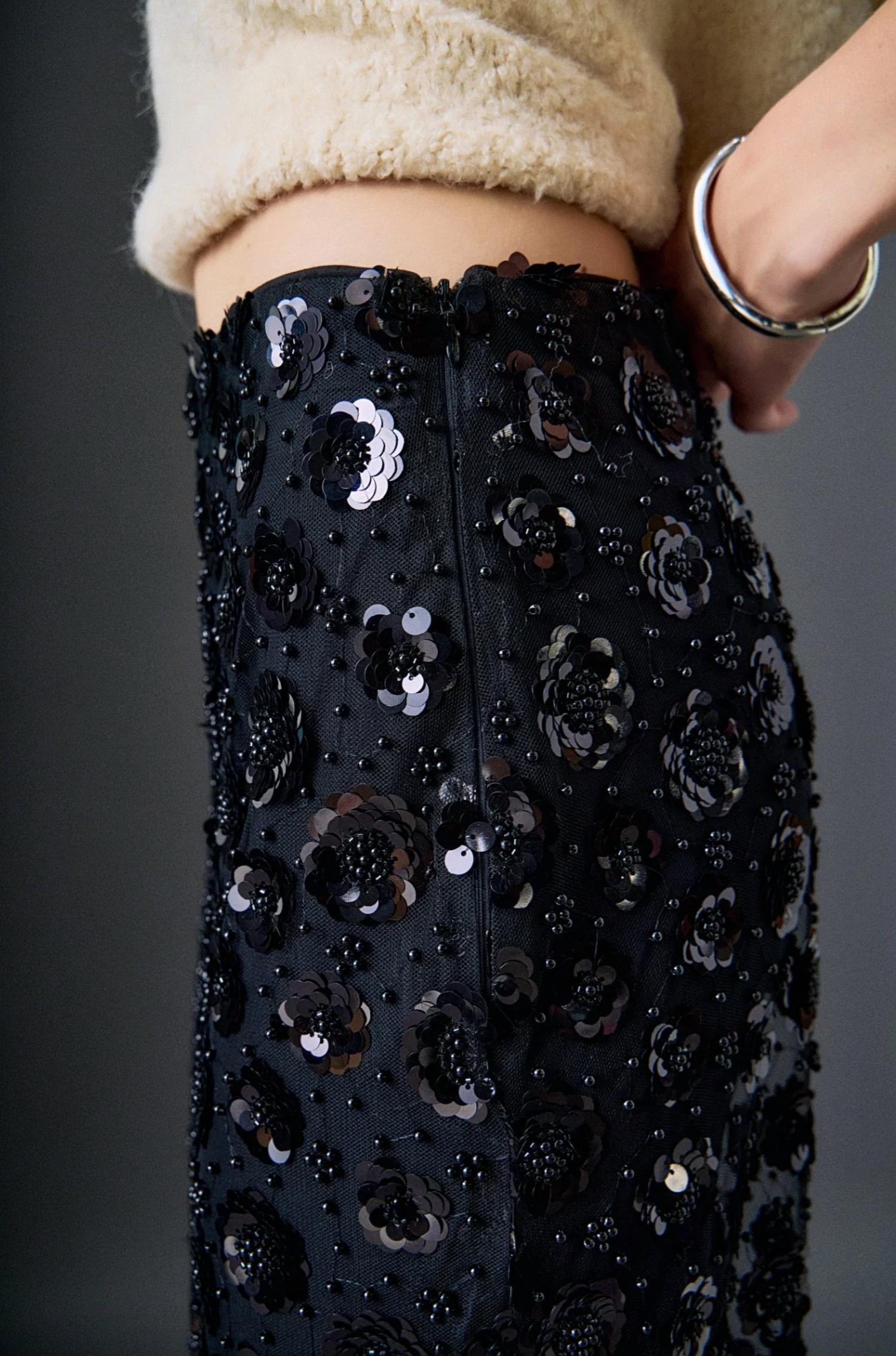 English Factory - Women's Flower Sequin Sheer Midi Skirt