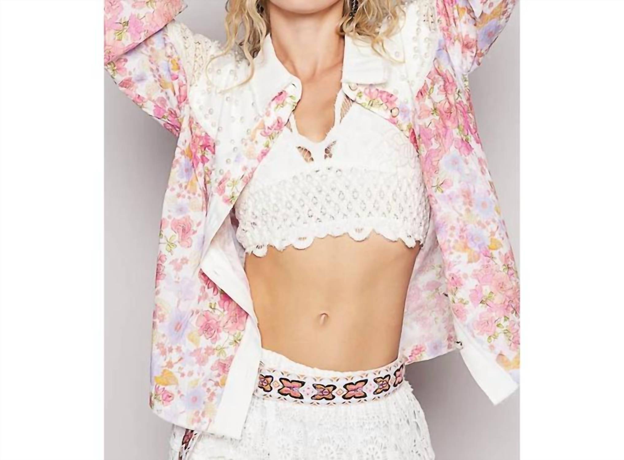 Pol - Vintage Washed Floral Crochet Contrast Shirt