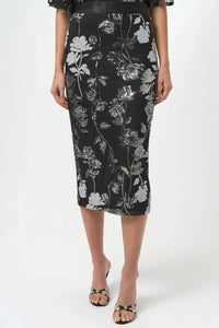 Joseph Ribkoff - Sequined Floral Mesh Midi Pencil Skirt