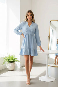 She + Sky - Short Puff Sleeve Bow Front Sweater Dress