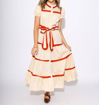 Tcec - Scallop and Stitch Bow Tie Tiered Midi Dress