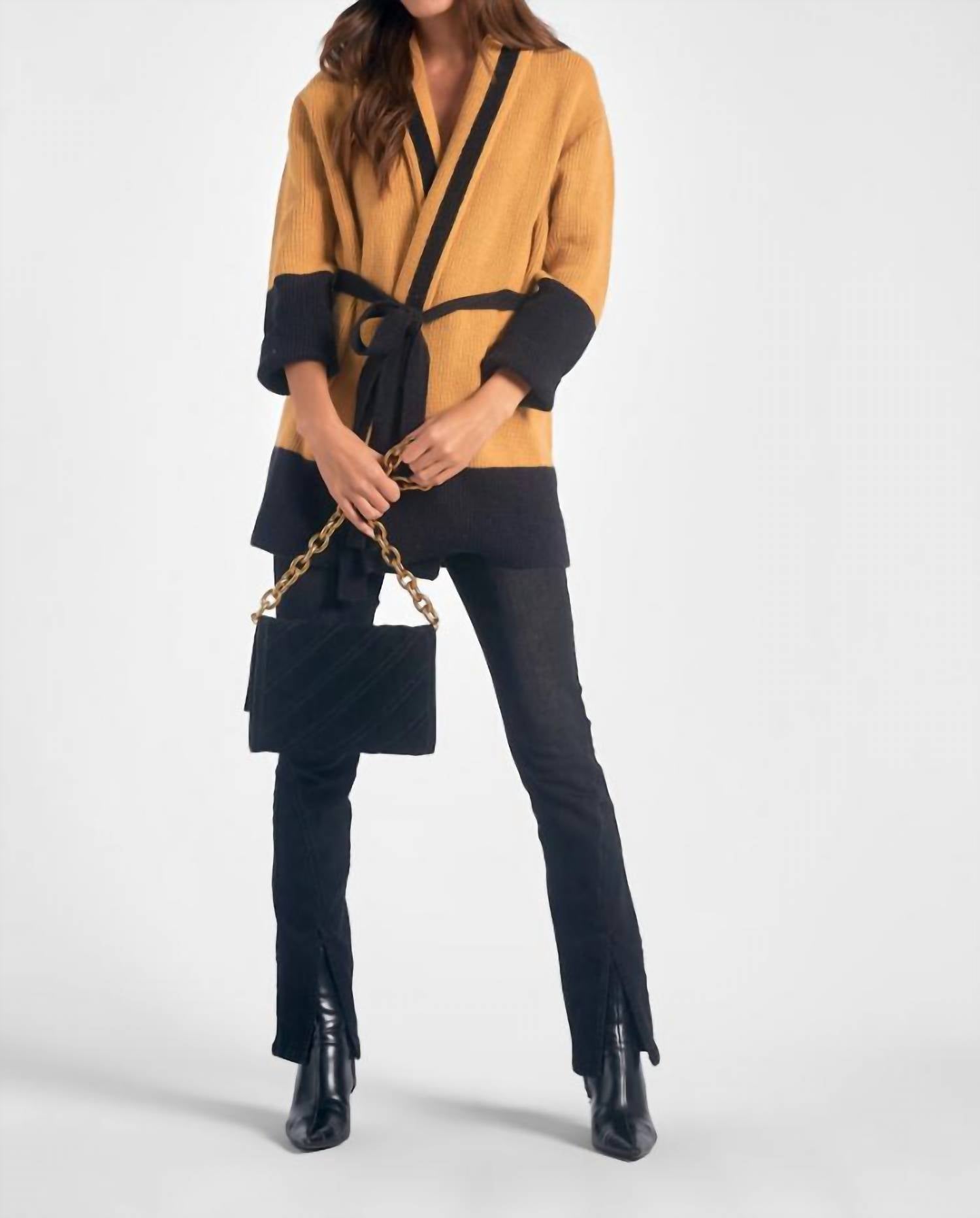 ELAN Belted Color Block Cardigan in curry black - women's cardigan - alternate view