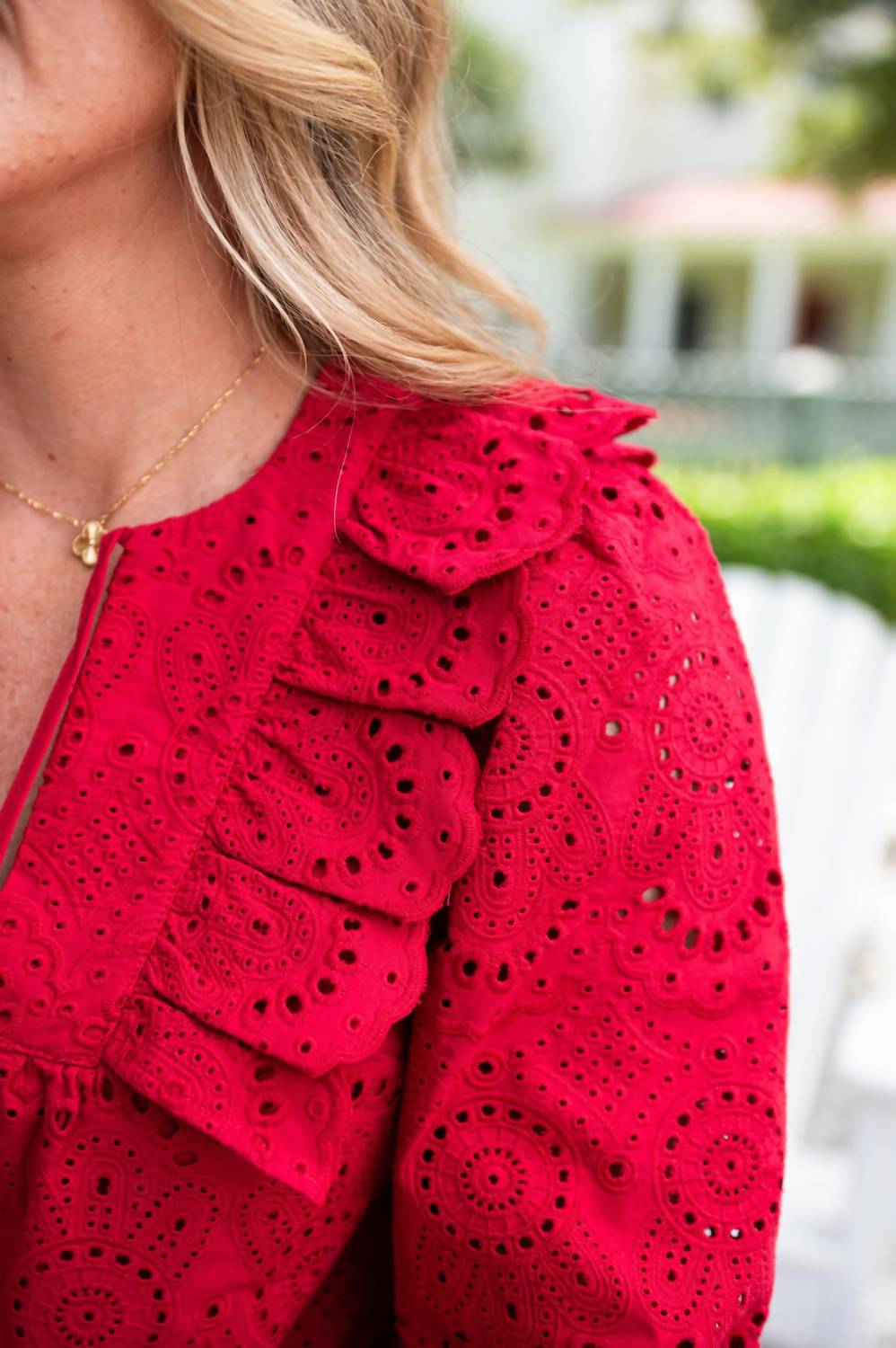 SAIL to SABLE Ruffle Front Top With Tassels in chili pepper - women's blouse - view 4
