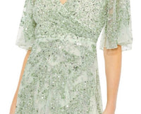 MAC DUGGAL Sequined Butterfly Sleeve High Low Gown in sage green - women's dress - detail view