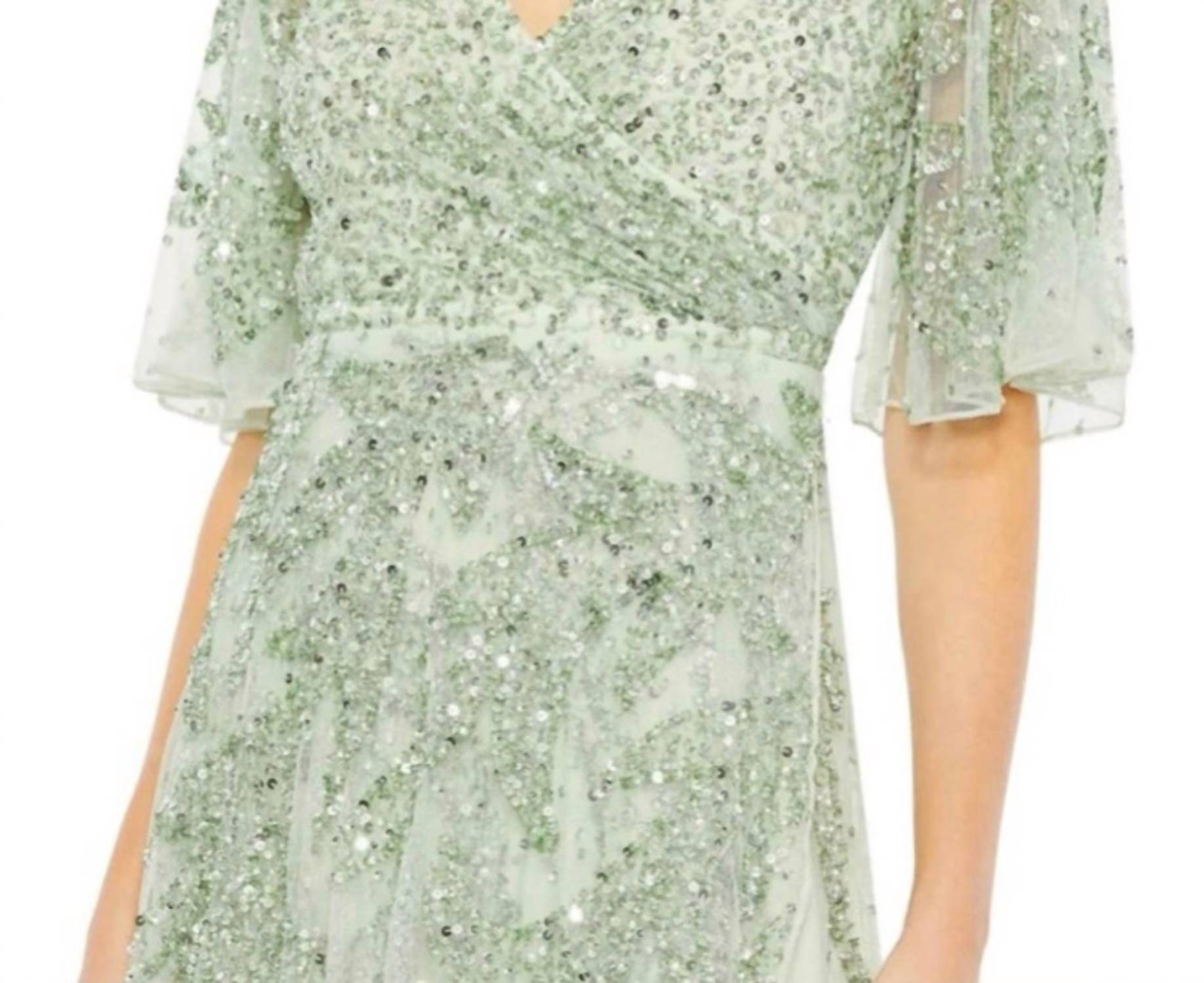 MAC DUGGAL Sequined Butterfly Sleeve High Low Gown in sage green - women's dress - detail view