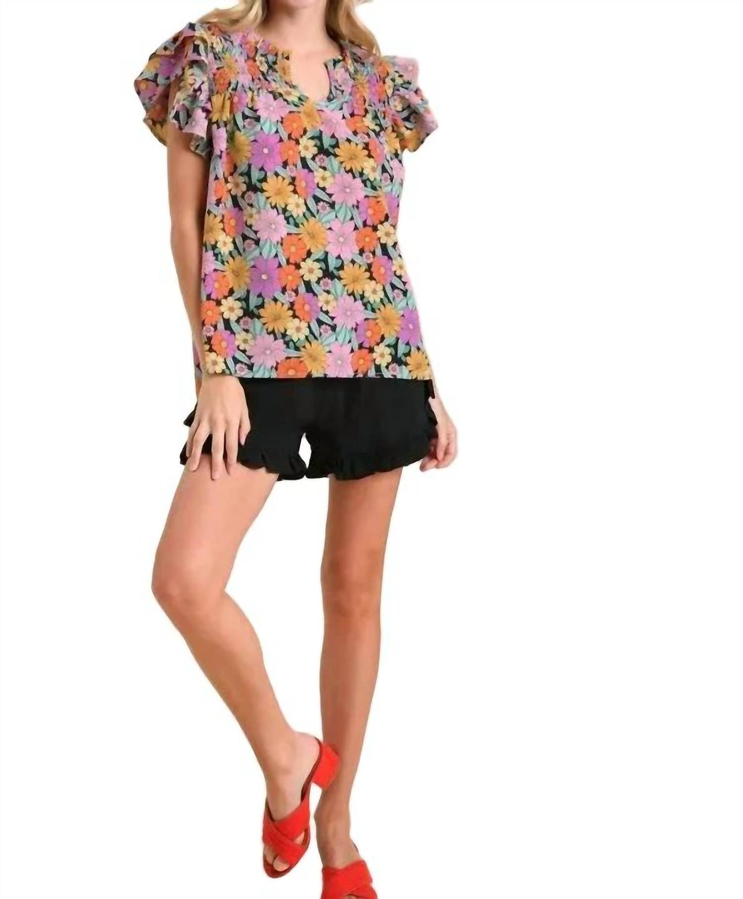 Umgee - Smocked Ruffle Sleeve Floral Top