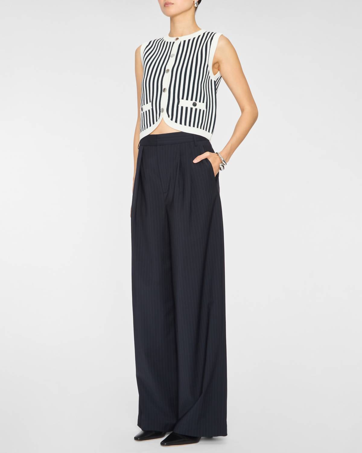 Veronica Beard Leland Sleeveless Vest in navy off white - women's jacket - detail view