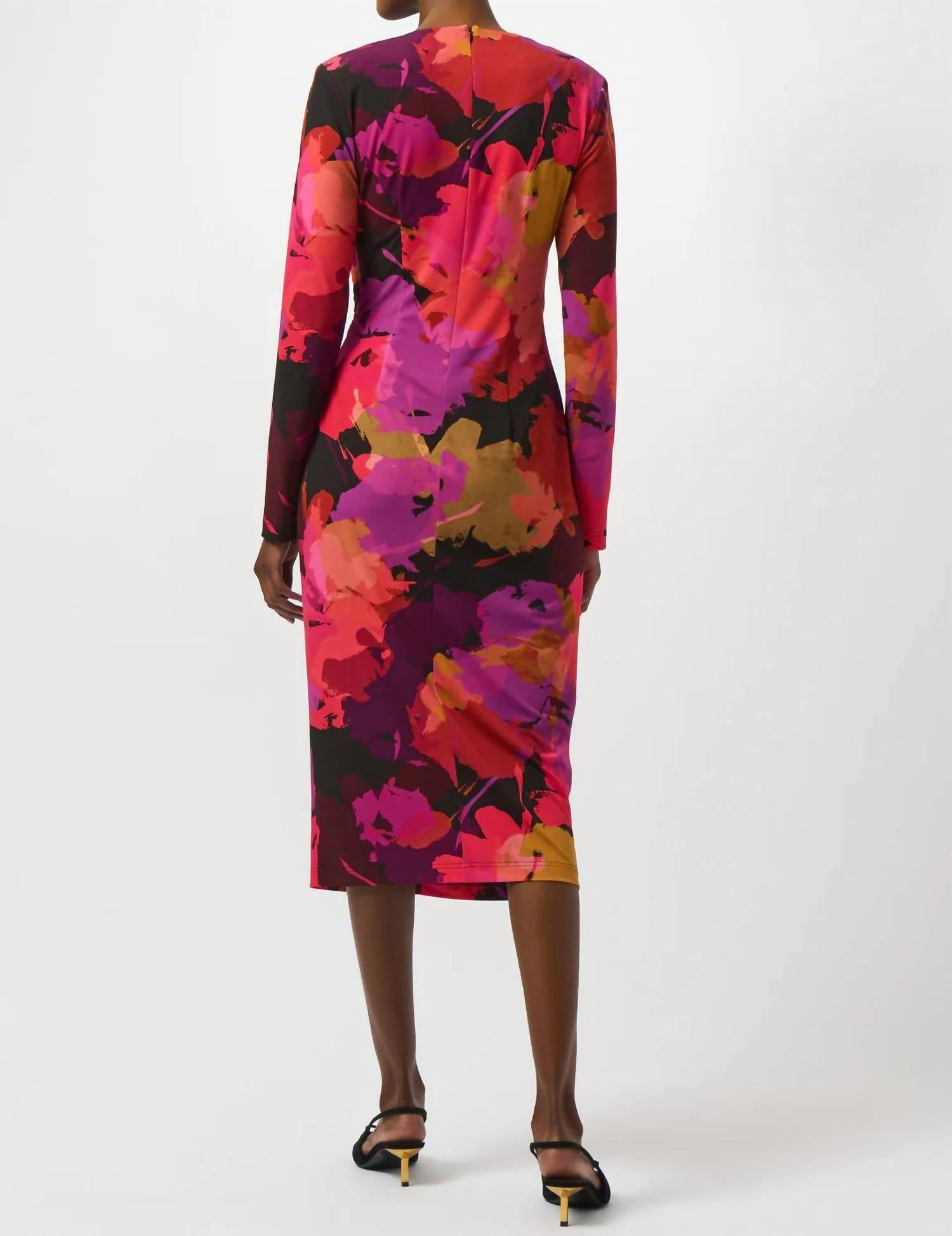 Joseph Ribkoff Floral Print Scoop Neck Long Sleeves Sheath Dress in black multi - women's dress - detail view